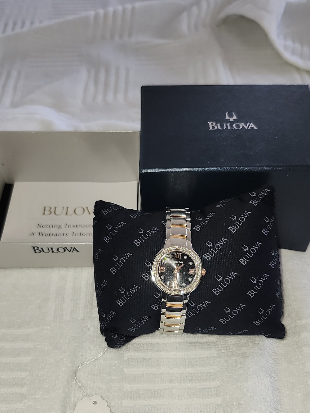 Bulova Two-Tone Gold and Silver Women's Bracelet Watch with Black Dial